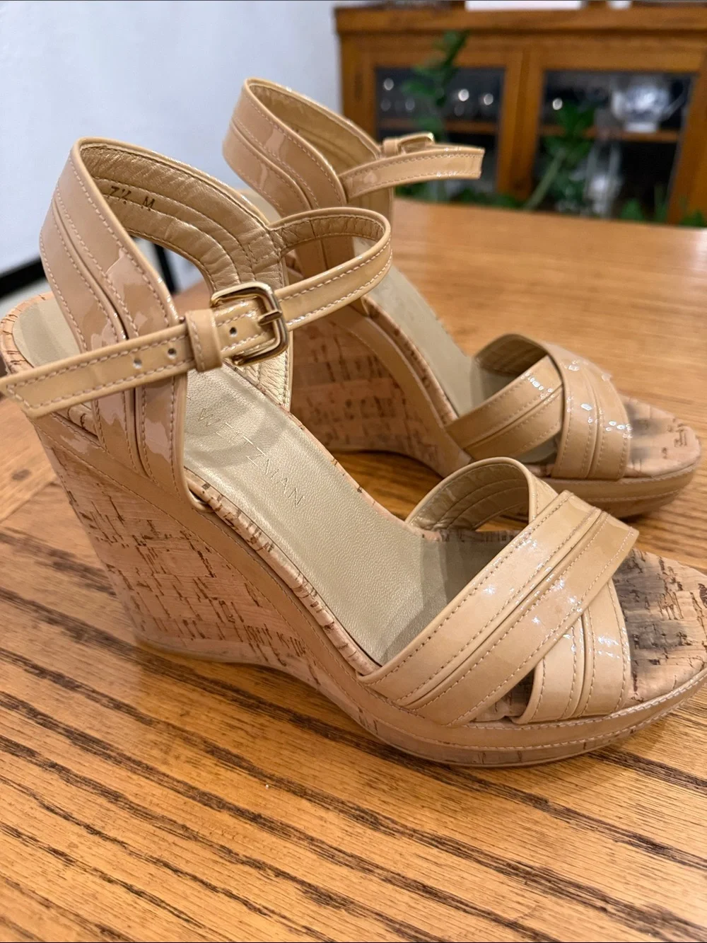 Stuart Weitzman Nude Patent Leather Cork Wedge Sandals - Picture 5 of 6